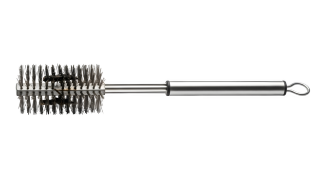Round metal brush isolated on transparent background is used for cleaning pipes, tubes, and other cylindrical objects with a long handle for easy grip