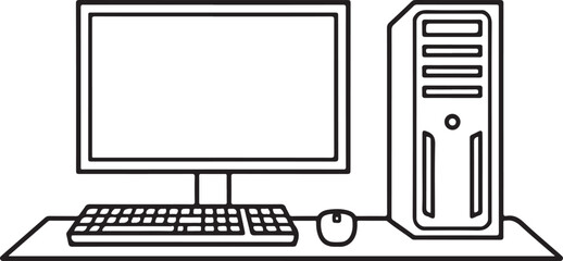 Gaming PC Desk Setup Angled View Outline Vector – Tower, Monitor, Accessories