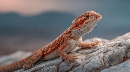 Close-Up Gecko Perched On Rugged Rock At Sunset With Blue Sky Horizon
