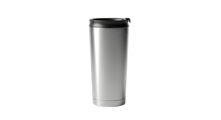 Isolated on transparent background, a sleek stainless steel travel mug with a black lid, perfect for enjoying hot or cold beverages on the go