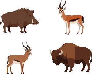 Wild boar illustration, antelope sketch, bison drawing, hoofed mammals, wildlife art, animal anatomy, forest fauna, savannah animals, nature, zoology, stock image