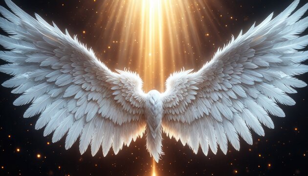 Majestic angelic wings, glowing with heavenly light and ethereal gold sparks