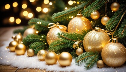 Festive scene of gold ornaments, garland, and lights on snowy faux fur