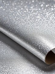 Shimmering silver glitter paper, partially rolled up, showing sparkling texture