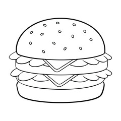 A fun cheeseburger coloring page featuring a juicy patty, melted cheese, lettuce, tomato, and sesame bun—perfect for kids to color and learn about favorite fast foods!
