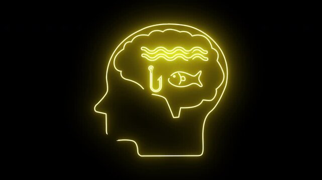 Glowing yellow neon outline of a head with a brain containing waves a fishhook  a fish on a black background