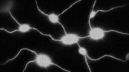 Abstract neural network animation. Glowing nodes and connecting lines in a dark, pixelated background. Science, biology, technology