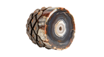 Polished petrified wood pine cone isolated on transparent background, a fossilized tree with intricate details and unique patterns in cross section