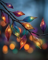Colorful Leaf Shaped Lights on Branch with Bokeh Background Effect