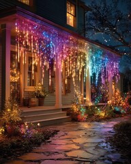 Colorful Outdoor Christmas Lights Display on House Porch at Night