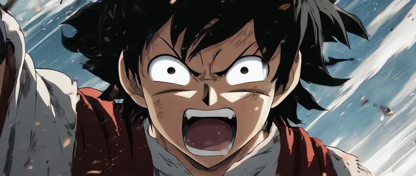 An epic and dynamic extreme close-up of an anime boy shouting in triumph. The elated expression, wide-open mouth, and epic lighting create a powerful sense of victory and success.