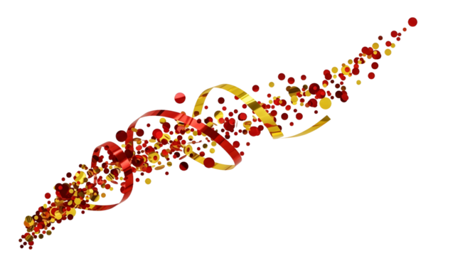 Celebration Ribbon Stream, Red Gold Confetti, White Background, Decorative Graphic, Realistic Gift Bow Concept