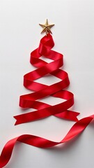 A red ribbon shaped like a Christmas tree with a gold star on top.