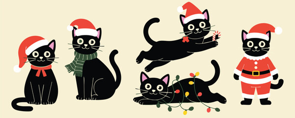 Cute Black Cats in Christmas Costumes, Festive Felines: Black Cats Celebrating Christmas, vector, illustration,