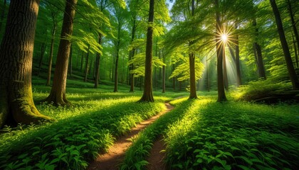 Naklejka premium Sunlight streams through lush, green forest. Path winds through trees