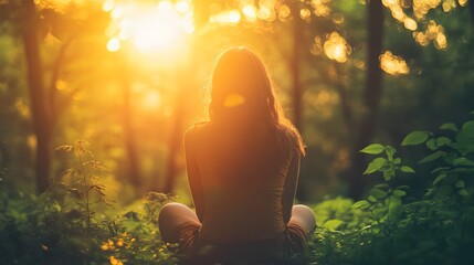 A woman sits in a forest, bathed in the warm glow of the setting sun, finding peace and tranquility in nature.