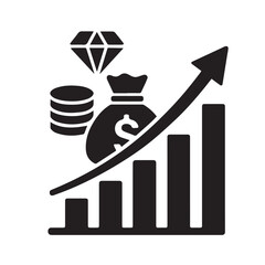 Illustration showing business profit and wealth increase with upward chart arrow, money bag, coins, and diamond, symbolizing financial success and economic growth on white background