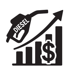 Illustration showing diesel fuel price growth with pump nozzle labeled diesel and upward arrow chart, symbolizing increasing fuel costs and economic inflation trend on white background
