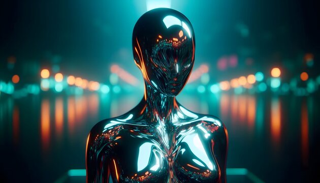 Chrome Alien Woman Liquid Metal with No Face &ndash; Amorphic Humanoid Cyborg Robot Concept Art