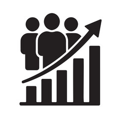 Illustration showing people icons with an upward arrow bar chart, symbolizing population increase, business teamwork progress, and community development growth on white background