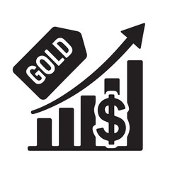 Illustration showing increasing gold prices with price tag labeled gold and upward arrow bar chart, symbolizing market growth, investment rise, and economic value trend on white background