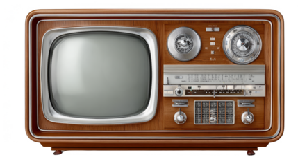 A vintage analog television set featuring a wooden frame, control dials, and a screen, representing classic electronics.