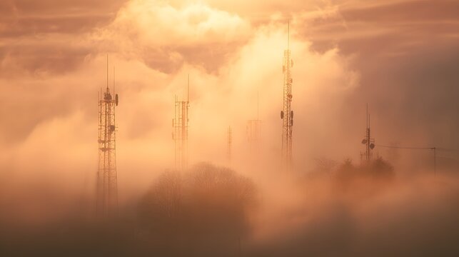 Communication towers emerge from dense fog at sunrise. - Powered by Adobe