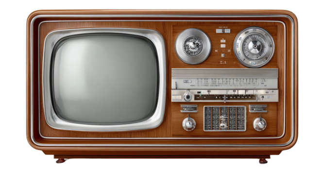 A vintage analog television set featuring a wooden frame, control dials, and a screen, representing classic electronics.