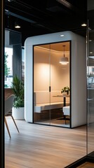 A room with a glass door and a plant