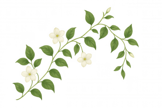 Jasmine vine branch with fragrant white blooming flowers and green leaves on transparent background