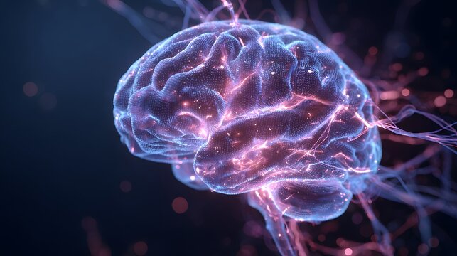 Glowing digital brain exhibits electrical impulses and neural network connections.