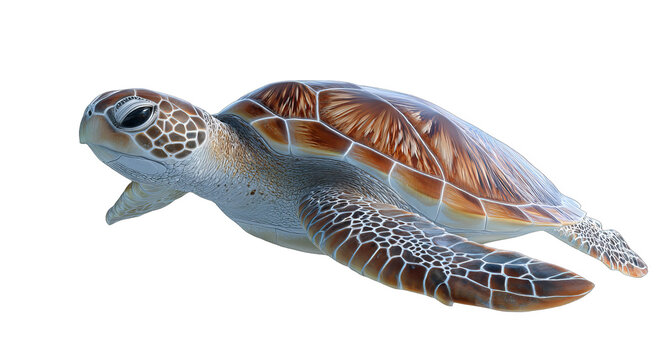A close-up shot shows a green sea turtle swimming in the water, highlighting its patterned shell and flippers.