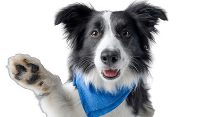 A border collie dog wearing a blue bandana is happily waving its paw, showing a friendly and cheerful demeanor.