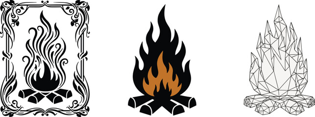 Campfire illustration set, ornate flame design, bold graphic fire, low-poly wireframe style, stylized bonfire icons, artistic fire symbols, vector campfire pack for stock