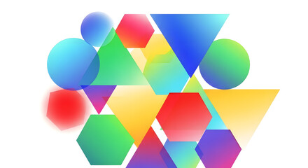 Abstract composition of colorful geometric shapes including circles, triangles, and hexagons, overlapping with translucent effects against a pristine white background, forming a dynamic illustration.