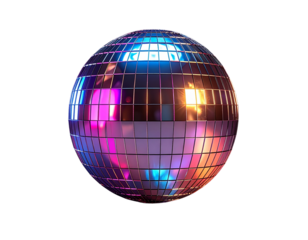 Close-up of Shiny Silver Disco Ball with Reflections Cut Out PNG