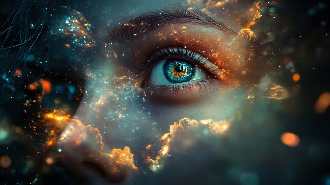A woman's eye with a galaxy-like effect, creating a sense of mystery and wonder.