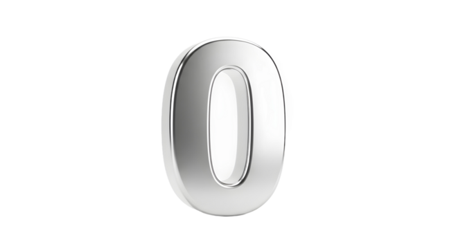 Realistic Silver Number Zero Isolated, White Background, Transparent PNG, Graphic Illustration, Minimalist Concept