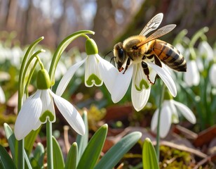 Honeybee on snowdrop flowers