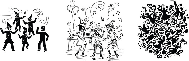 Halloween party illustration set, dancing children in costumes, spooky festive crowd, abstract ghost and pumpkin design, vector celebration pack with musical and eerie elements