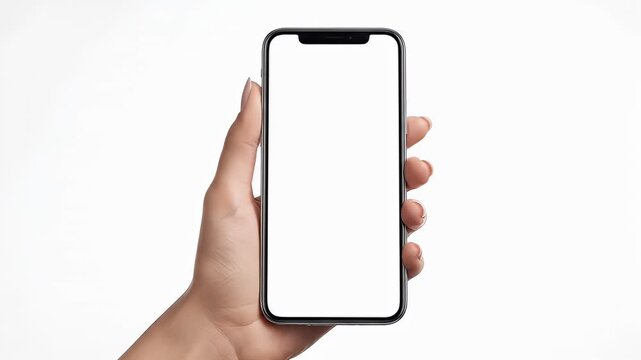 Hand Holding Black Smartphone with Blank White Screen Mockup Against Clean White Background Product Photography