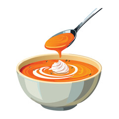 Hearty bowl of Creamy Pumpkin Soup with a swirl of cream, ready for a delicious and comforting dinner on a chilly evening - Vector Illustration