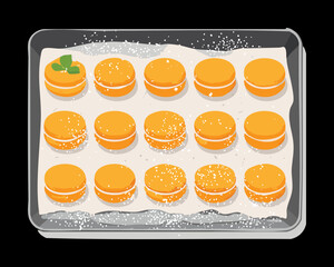 A baking sheet filled with perfectly shaped Pumpkin Cookies or biscuits, ready to be put in the oven for a sweet treat - Vector Illustration