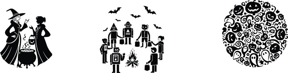 Halloween illustration set, witches brewing potion, costumed children around campfire, circular icon collage with pumpkins and ghosts, black and white vector pack for festive design