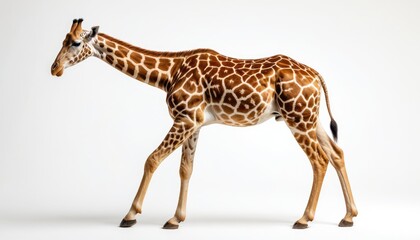 Naklejka premium Giraffe in a light studio with a long neck and spots
