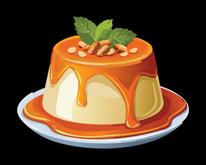 Decadent Pumpkin Spiced Flan or pudding drizzled with caramel, elegantly garnished with a sprig of fresh mint - Vector Illustration