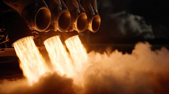Intense bright orange flames erupt from rocket engine nozzles surrounded by thick billowing smoke against a dark moody background creating a powerful visual
