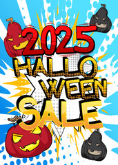 Halloween Sale 2025. Comic Book illustration, retro comics celebration Shopping design.