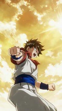 An epic and dynamic extreme close-up of an anime boy shouting in triumph. The elated expression, wide-open mouth, and epic lighting create a powerful sense of victory and success.