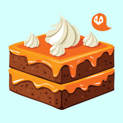 Square slice of rich pumpkin cake with creamy orange icing and whipped cream swirls, a sweet and satisfying dessert for the fall season - Vector Illustration